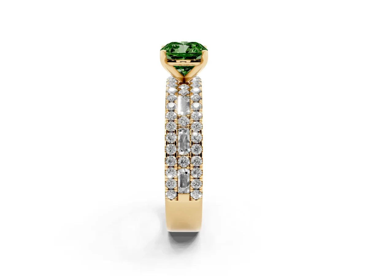 Fancy Green Cushion Cut Diamond Solitaire Ring with Pavé and Channel Set Band Yellow gold
