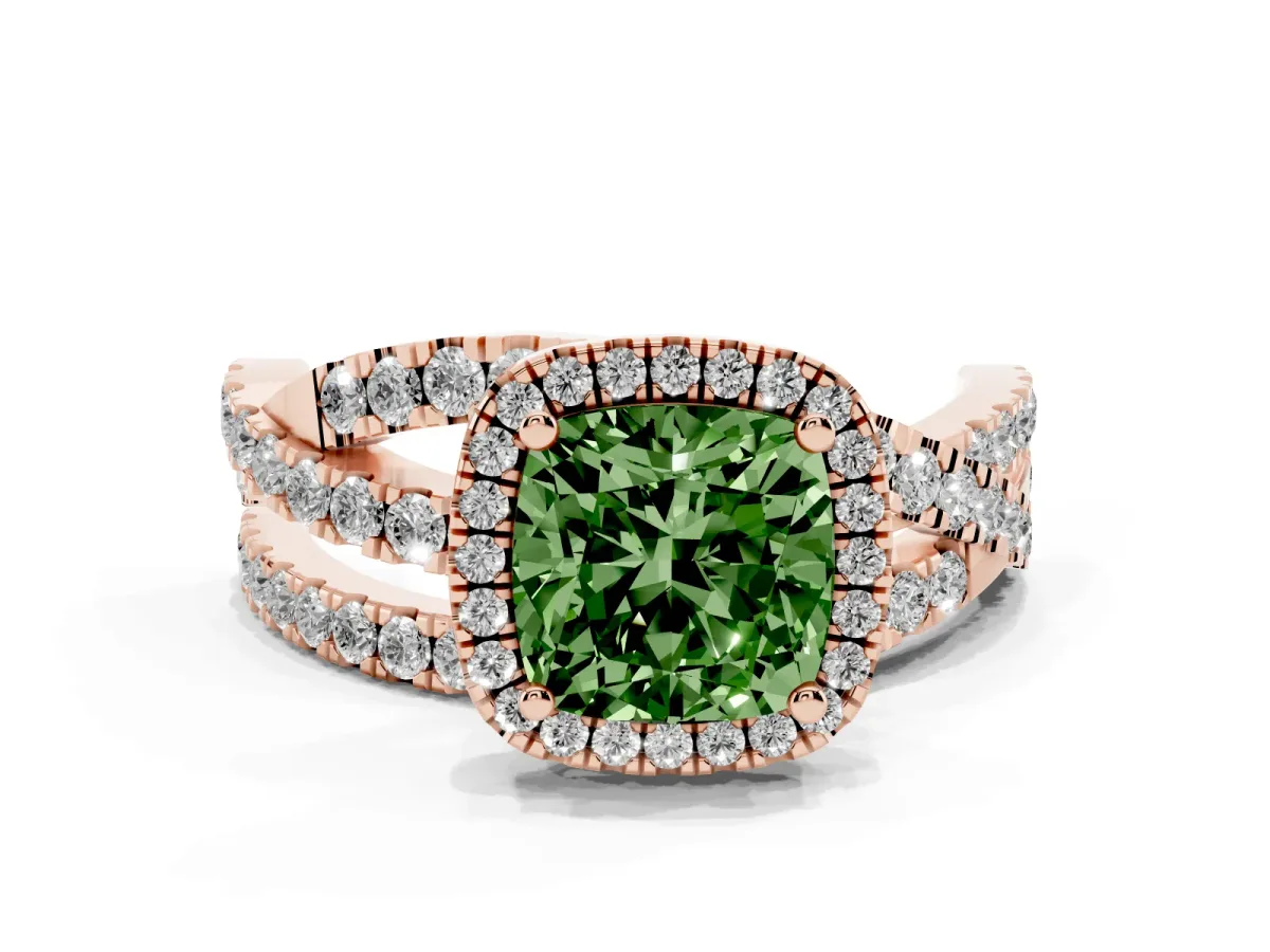 Fancy Green Cushion Cut Diamond Halo Ring with Round Split Shank and Prong Setting Rose gold
