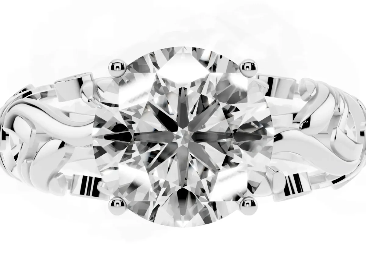 Round Cut Solitaire Diamond Leaf-Inspired Vine Band Ring with Prong Setting Platinum