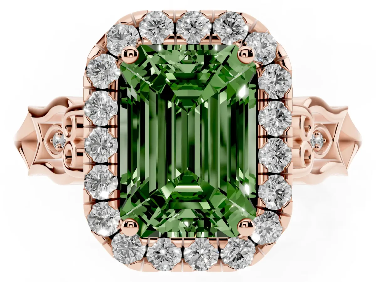 Fancy Green Emerald Cut Halo Diamond Engagement Ring with Filigree Band and Four-Prong Setting Rose gold