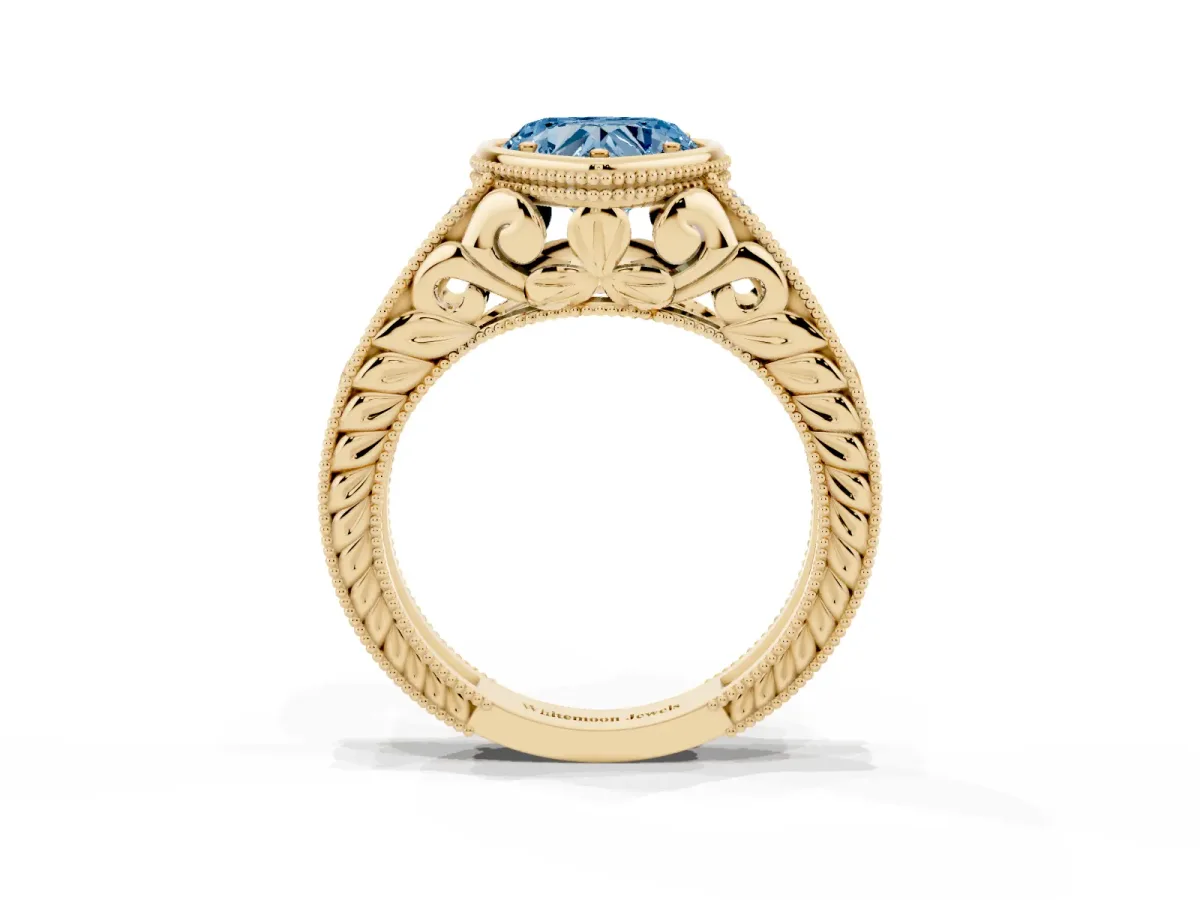 Fancy Blue Bezel Set Heart Cut Diamond Milgrain Pave Engagement Ring Yellow gold