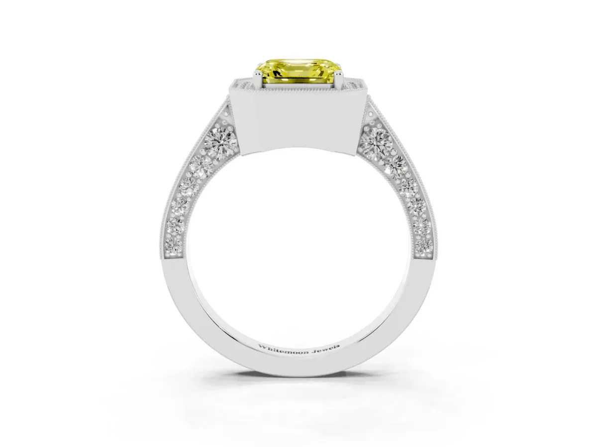 Fancy Yellow Asscher Cut Halo Diamond Engagement Ring with Split Shank Band and Four-Prong Setting Silver