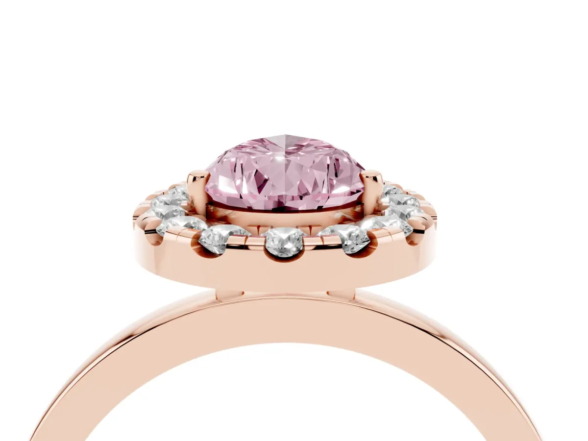 Fancy Pink Pear Cut Halo Diamond Solitaire with Pavé Band and Four-Prong Setting Rose gold