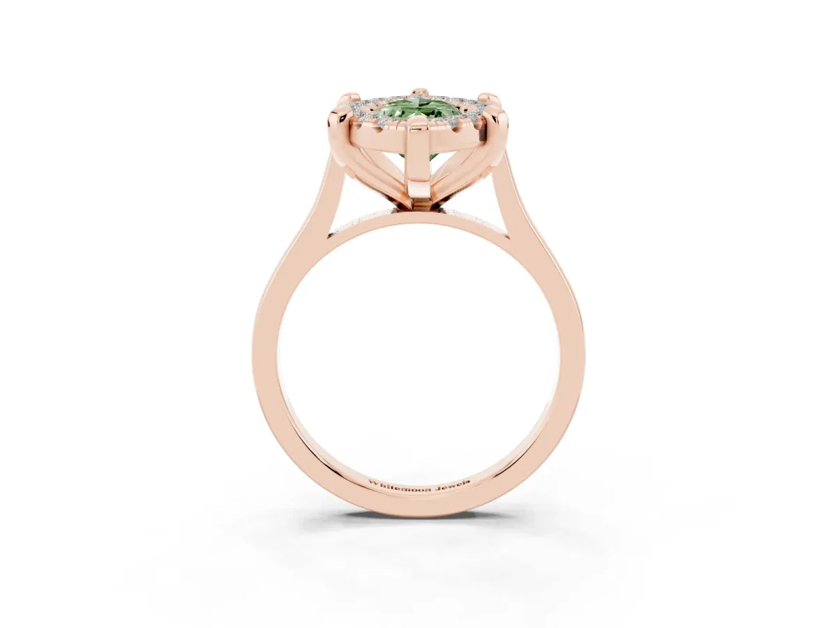 Fancy Green Marquise Cut Diamond Cluster Halo Solitaire with Four-Prong Setting Rose gold