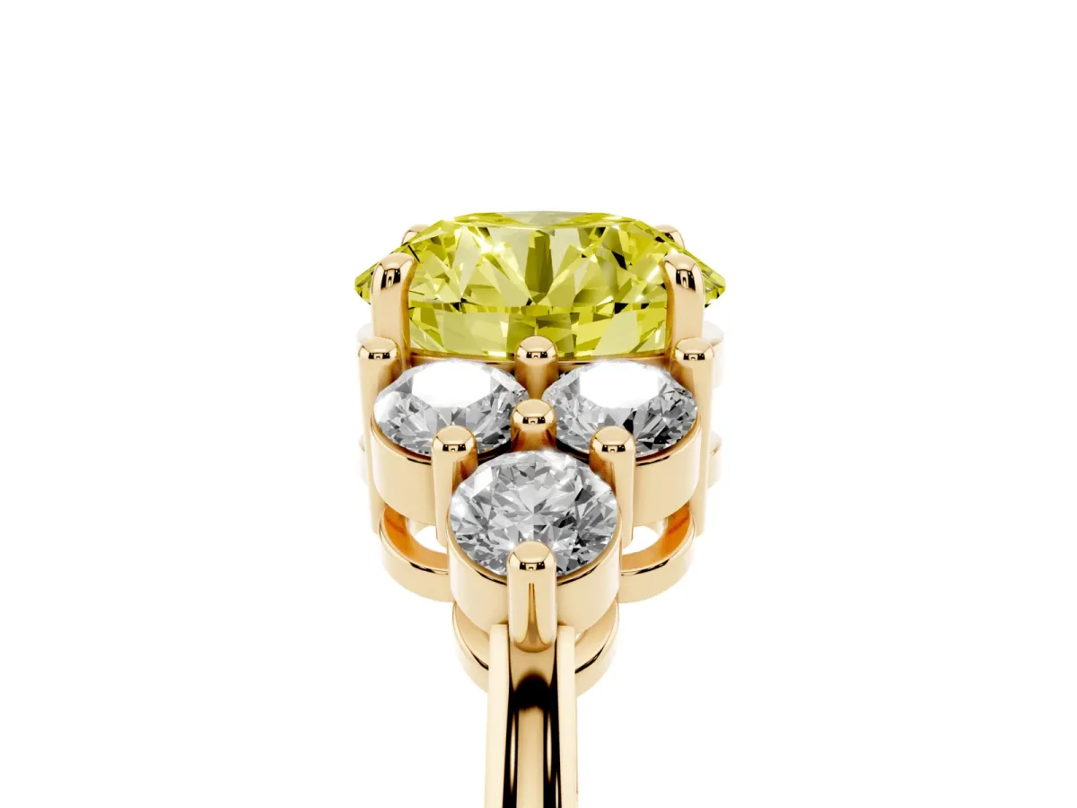 Fancy Yellow Round Cut Brilliant Diamond Cluster Accent Solitaire Ring with Prong Setting Yellow gold