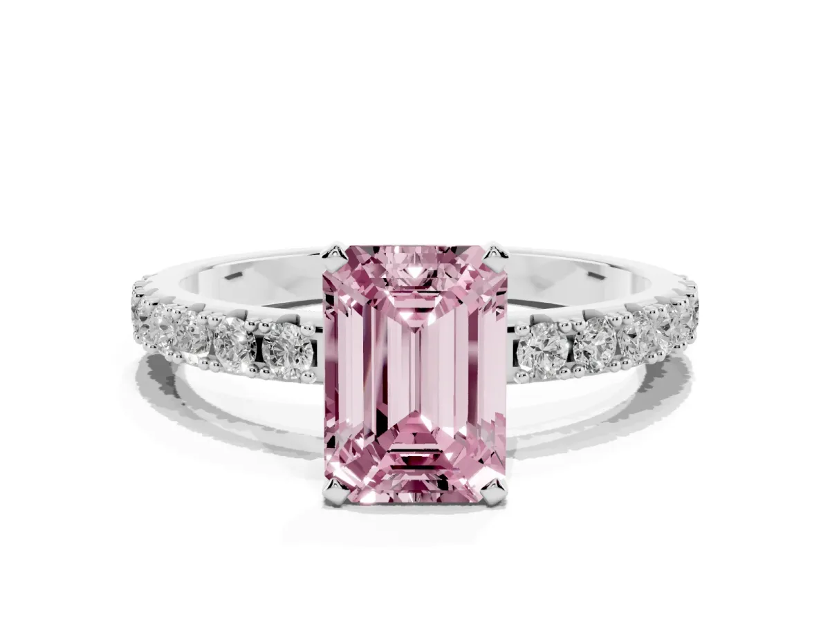Fancy Pink Emerald Cut Diamond Solitaire Pavé Band with Four-Prong Setting Platinum