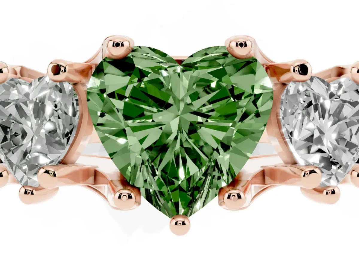 Fancy Green Heart Cut Diamond Three-Stone Ring with Channel Set Band and Four-Prong Setting Rose gold