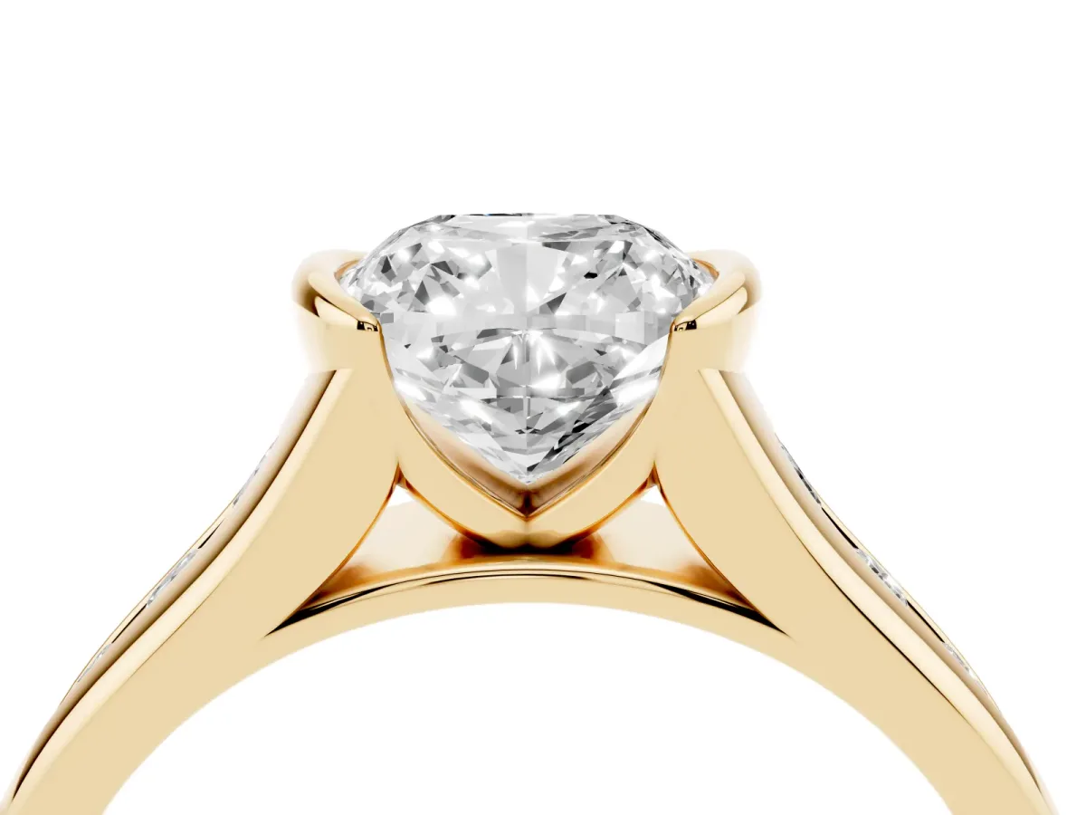 Cushion Cut Solitaire Bezel-Set Diamond Ring with Channel-Set Band Yellow gold