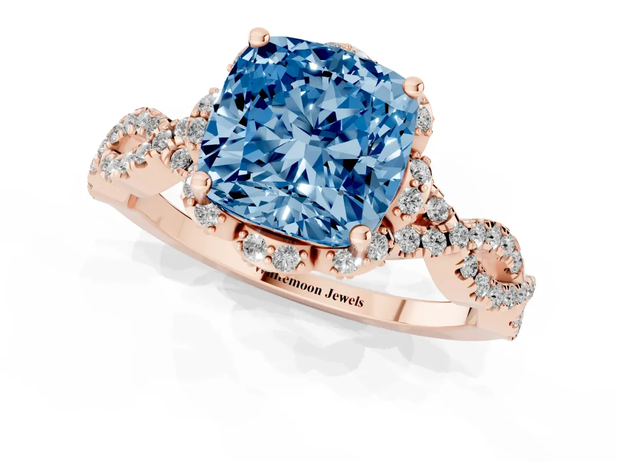 Fancy Blue Cushion Cut Halo Twist Band Solitaire Ring with Six-Prong Setting Rose gold