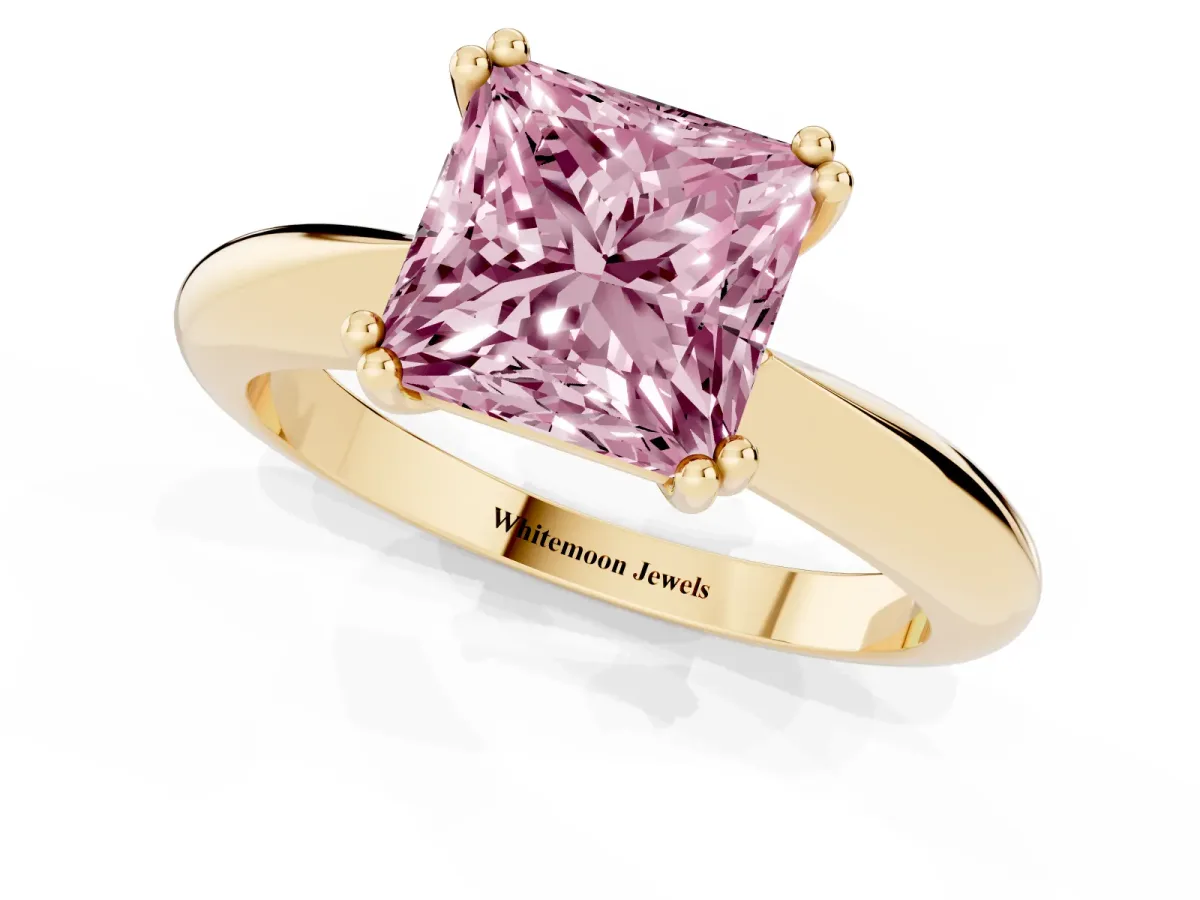 Fancy Pink Princess Cut Cut Solitaire Engagement Ring with Tapered Band and Four-Prong Setting Yellow gold