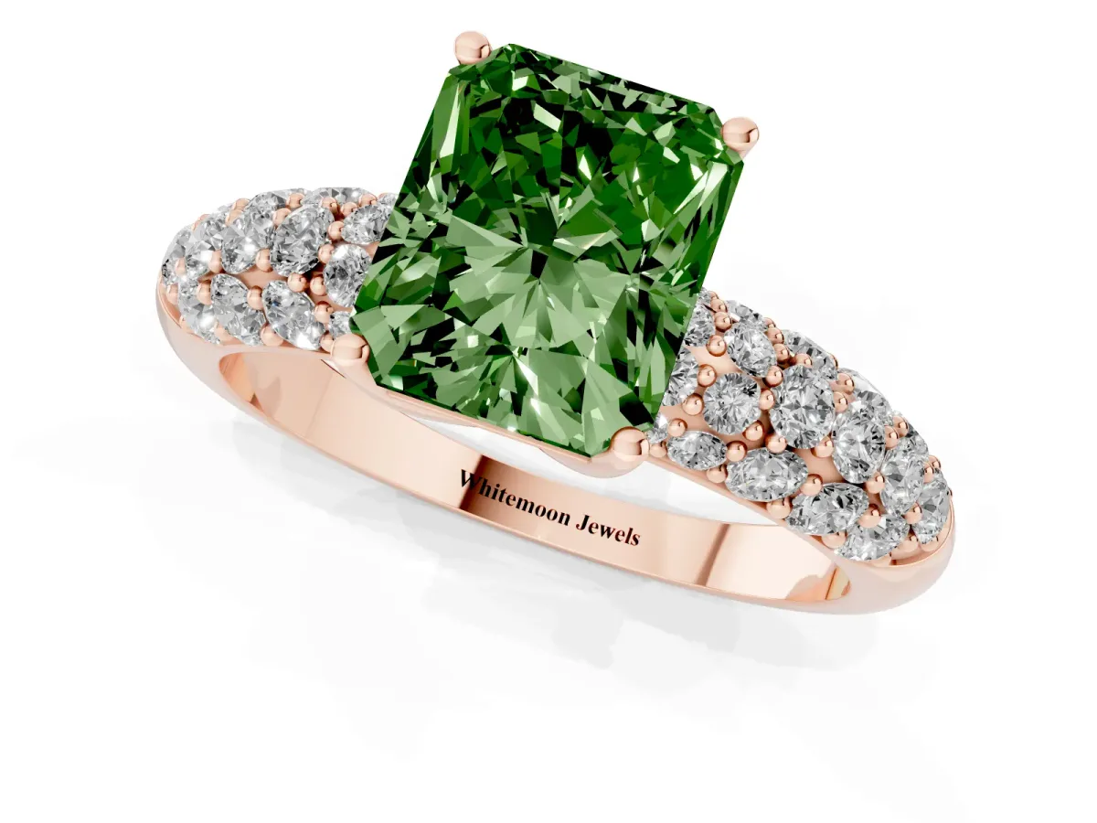 Fancy Green Radiant Cut Diamond Pavé Band Solitaire Ring with Four-Prong Setting Rose gold