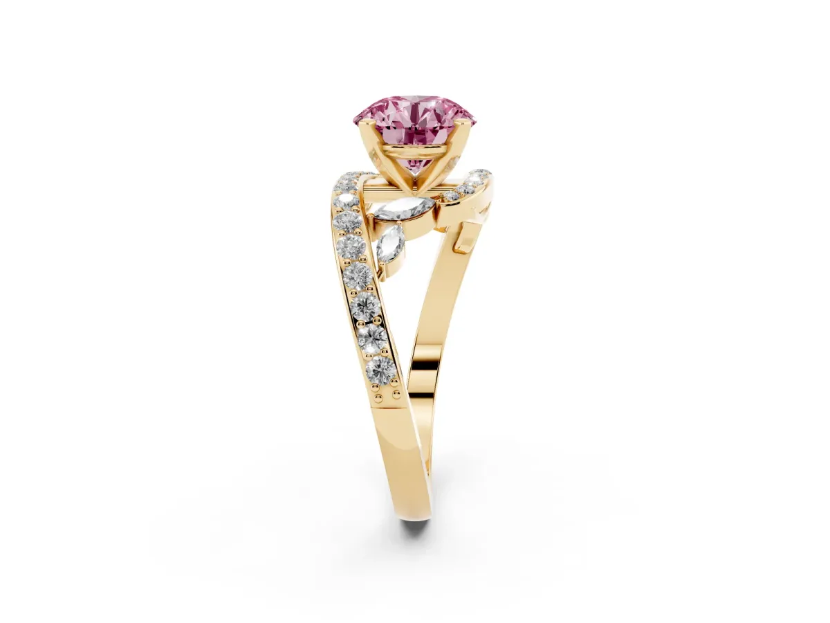 Fancy Pink Round Cut Solitaire with Pavé Twist Band and Four-Prong Setting Yellow gold