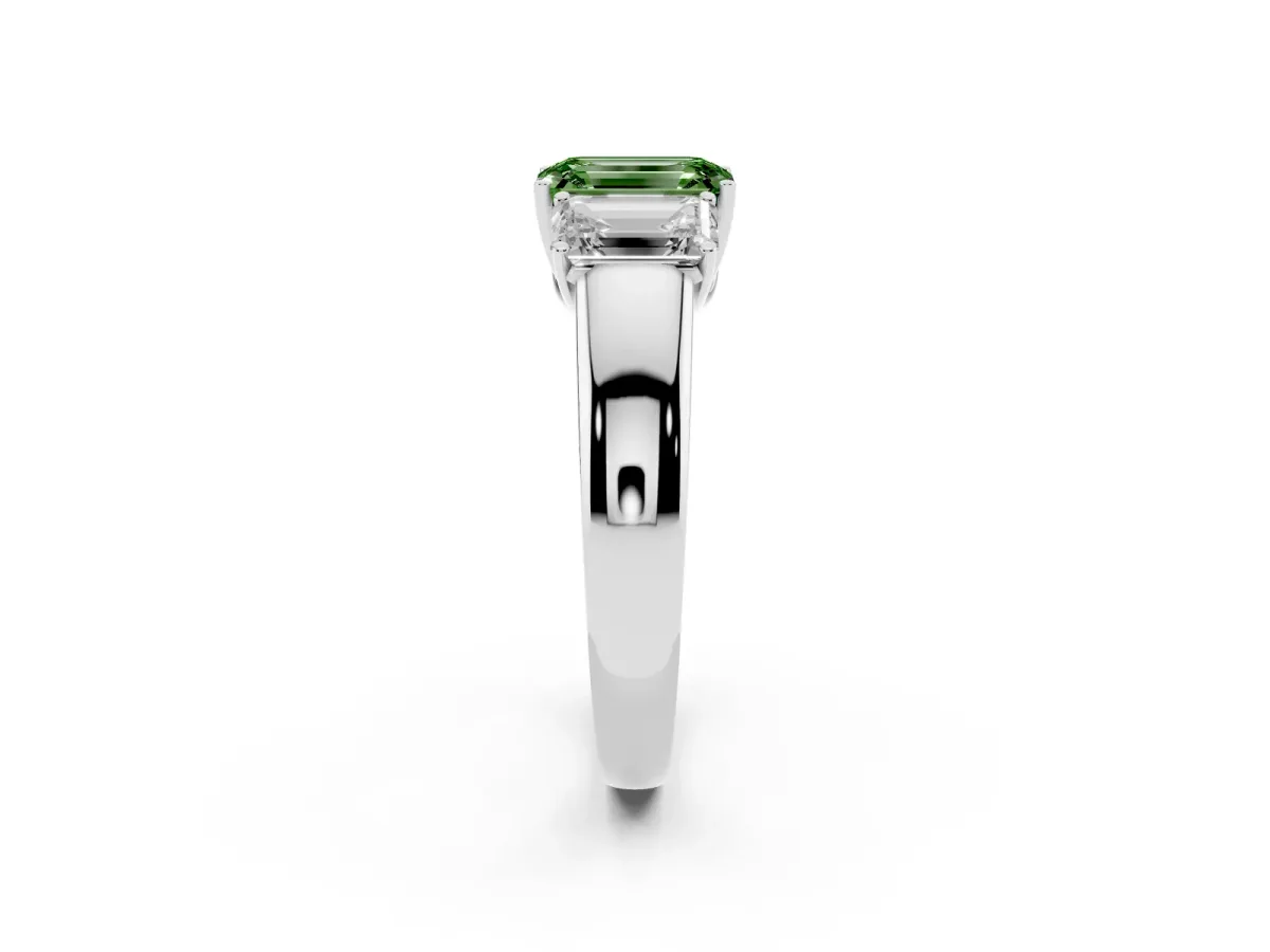 Fancy Green Three-Stone Emerald Cut Cut Diamond Ring with Prong Setting and Classic Band Silver