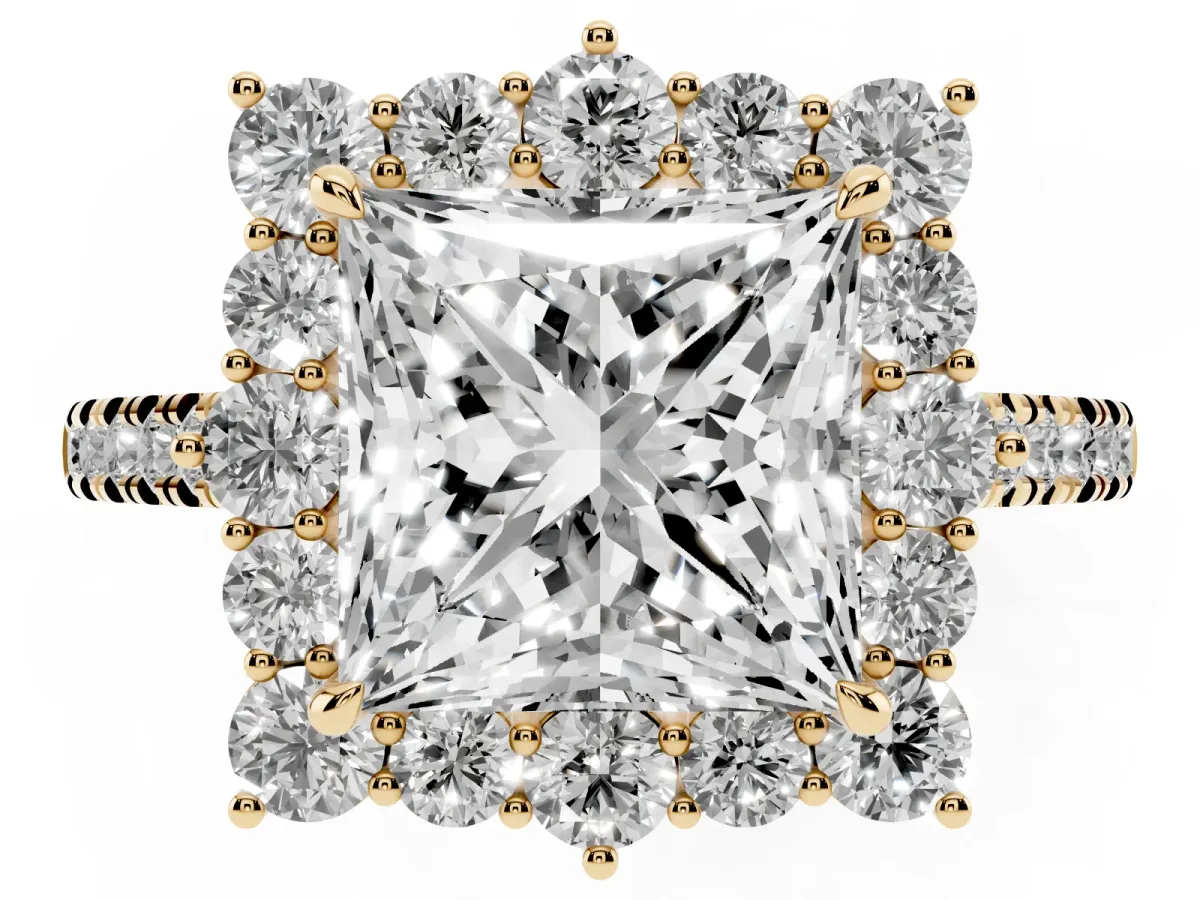 Princess Cut Halo Diamond Ring with Pavé Band and Prong Setting Yellow gold