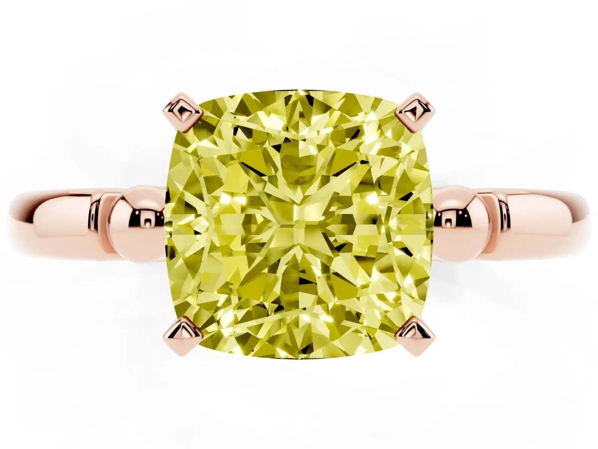 Fancy Yellow Cushion Cut Solitaire Beaded Band with Four-Prong Setting Rose gold