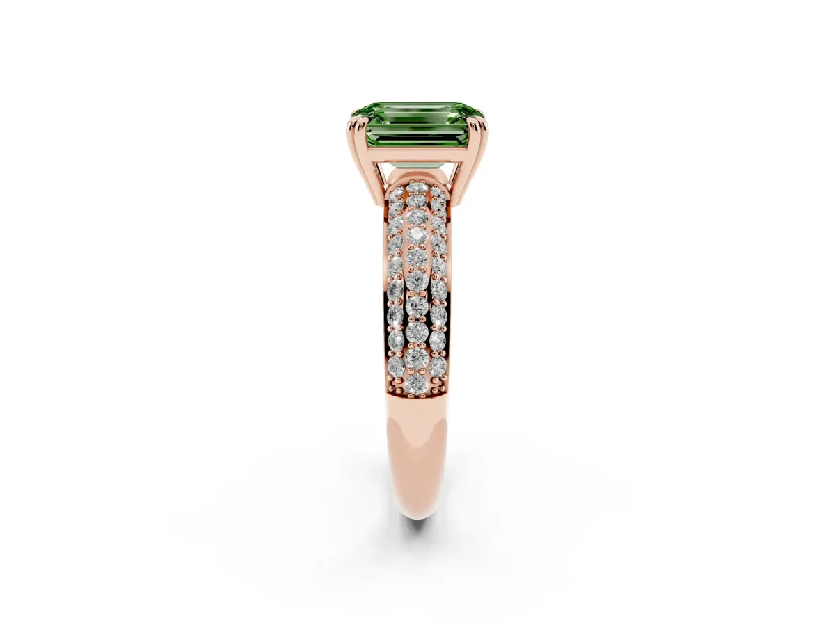 Fancy Green Emerald Cut Diamond Solitaire Ring with Multi-Row Round Pavé Band and Prong Setting Rose gold
