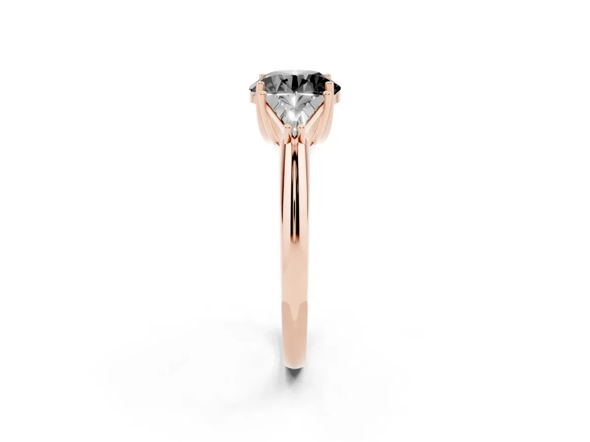 Fancy Black Three-Stone Round Cut Diamond Engagement Ring with Trillion Side Stones and Prong Setting Rose gold