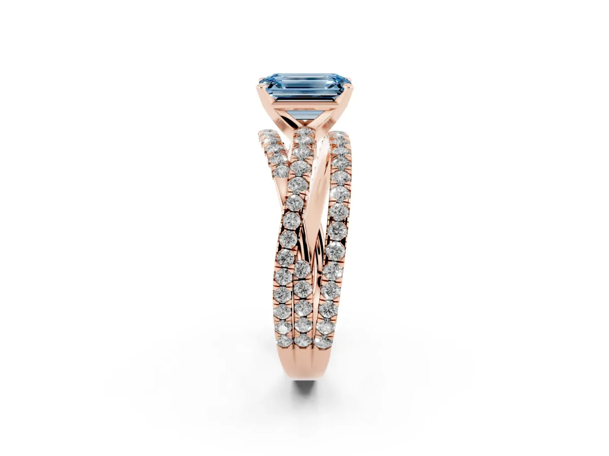 Fancy Blue Emerald Cut Solitaire Twist Band with Pavé Setting and Four-Prong Setting Rose gold