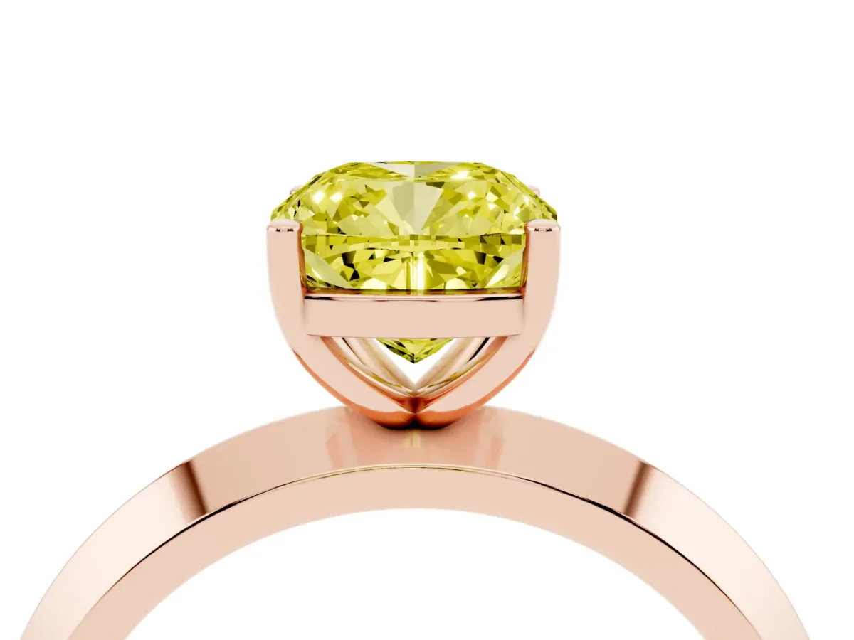 Fancy Yellow Cushion Cut Cut Solitaire Engagement Ring with Flat Band and Four-Prong Setting Rose gold