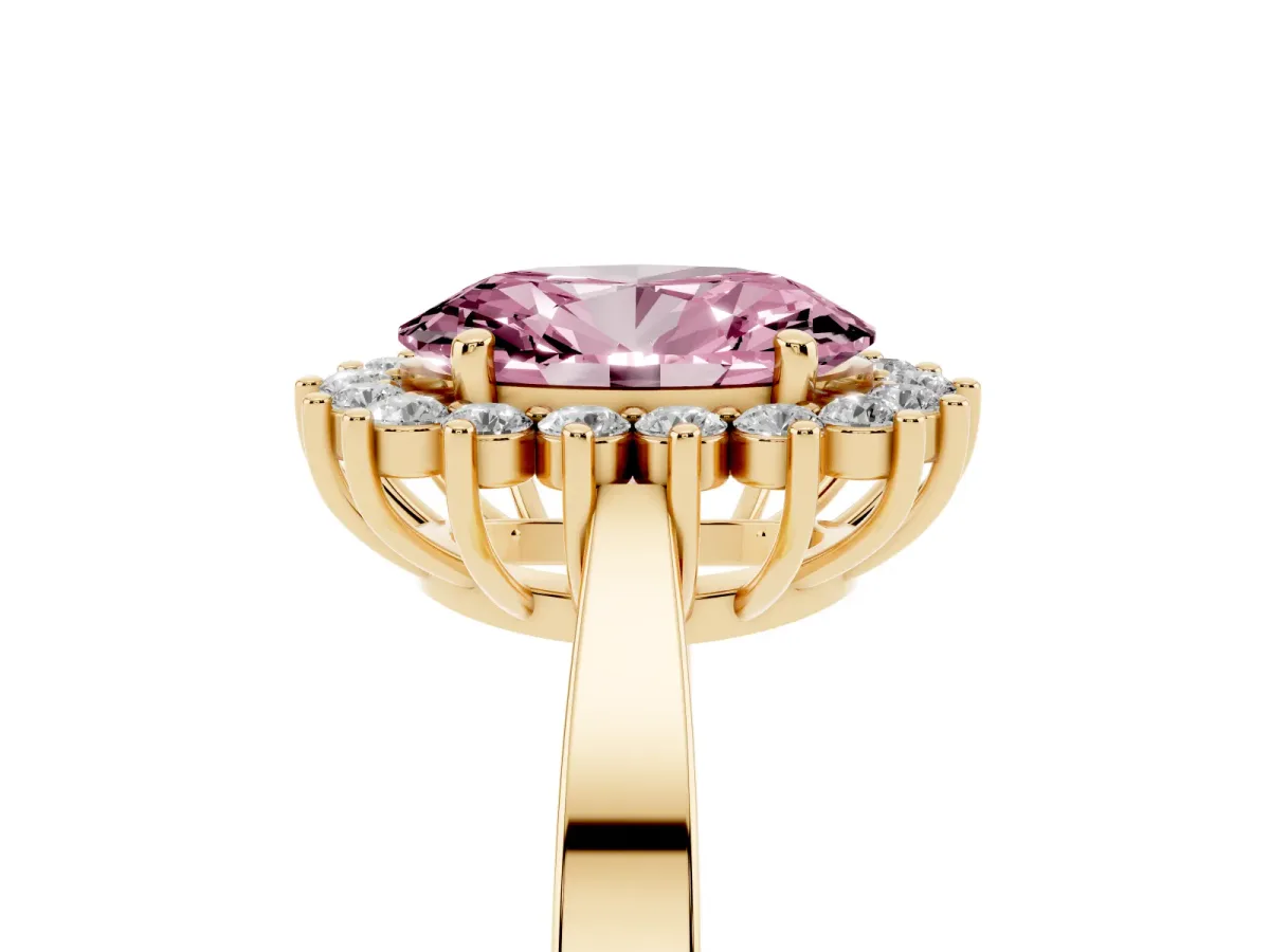 Fancy Pink Oval Cut Cut Diamond Halo Ring with Round Brilliant Halo and Solitaire Band Yellow gold