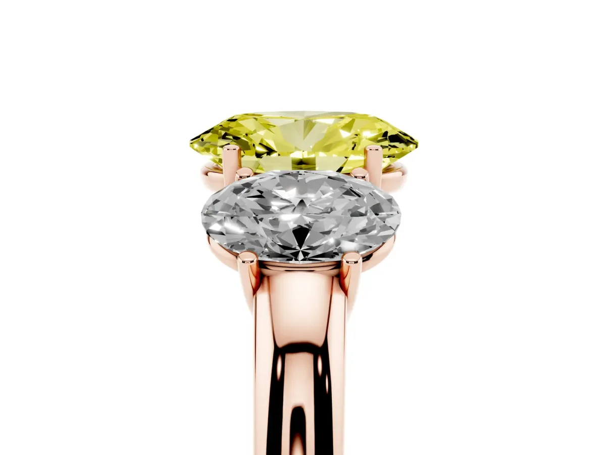 Fancy Yellow Oval Cut Diamond Three-Stone Ring with Four-Prong Setting and Classic Band Rose gold