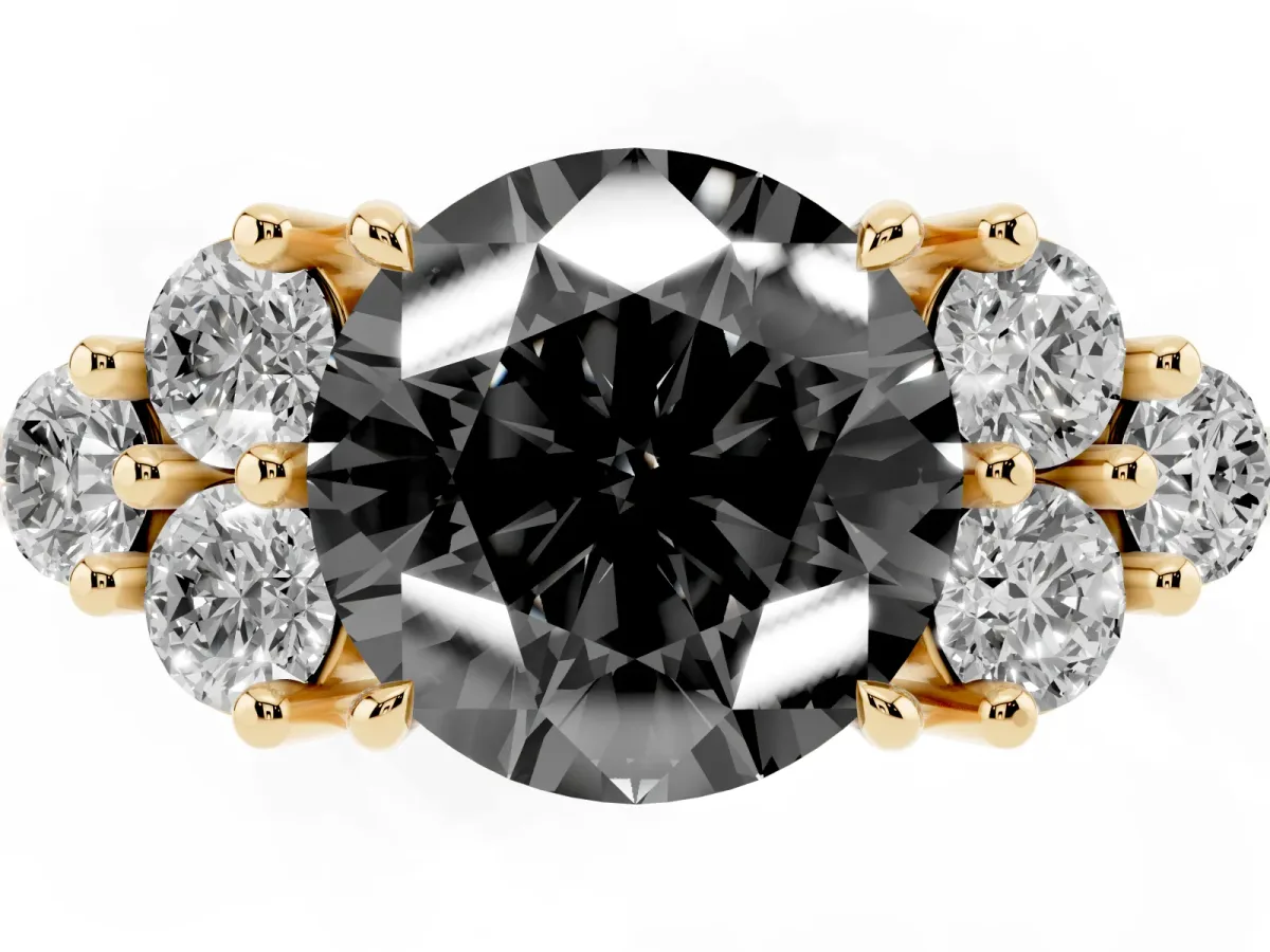 Fancy Black Round Cut Brilliant Diamond Cluster Accent Solitaire Ring with Prong Setting Yellow gold