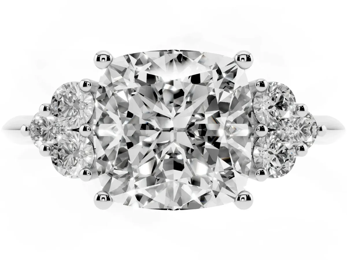 Cushion Cut Cut Diamond Cluster Ring with Solitaire Band and Four-Prong Setting Silver