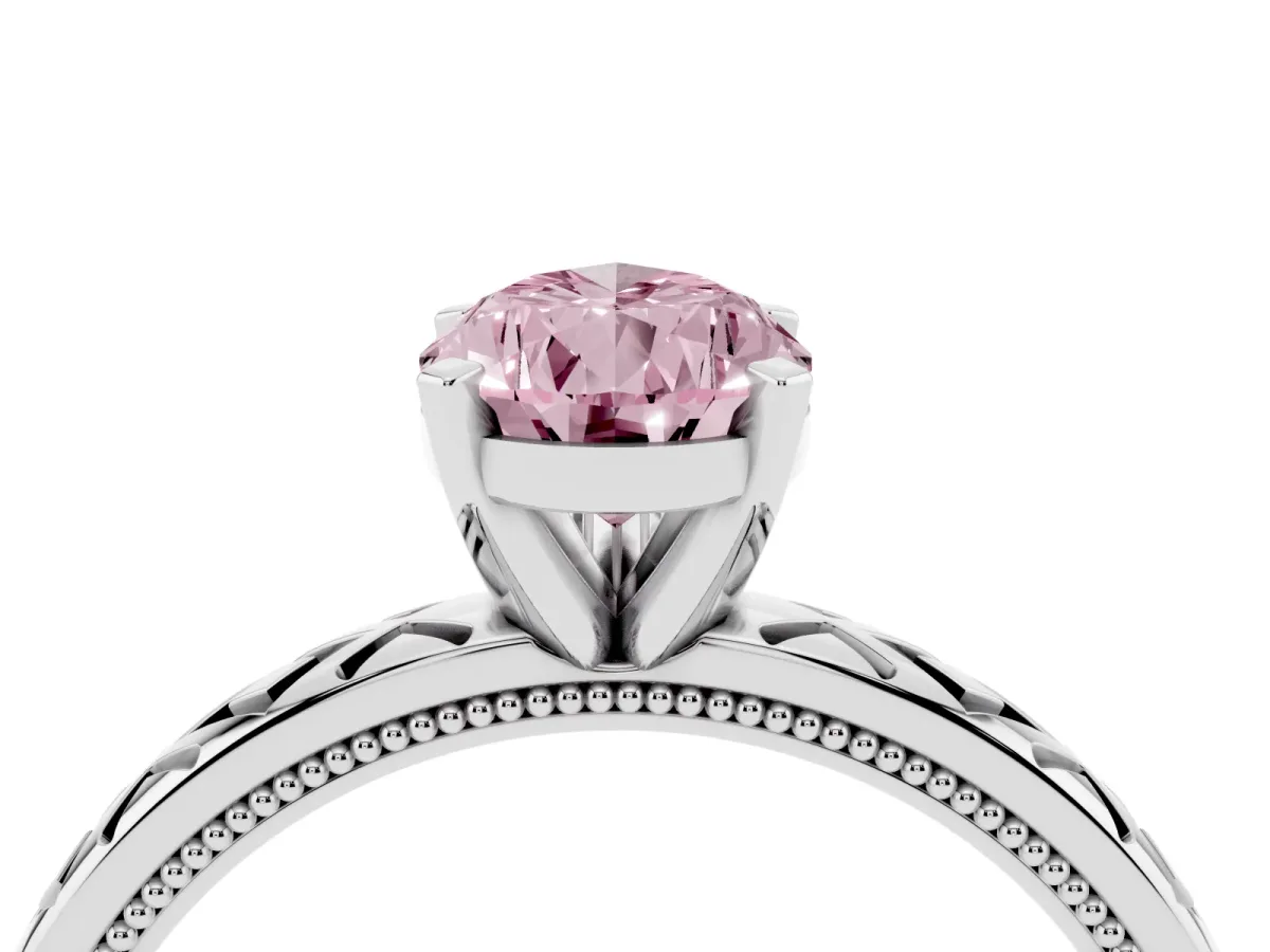Fancy Pink Pear Cut Solitaire Diamond Ring with Milgrain and Black Enamel X Pattern Band Silver