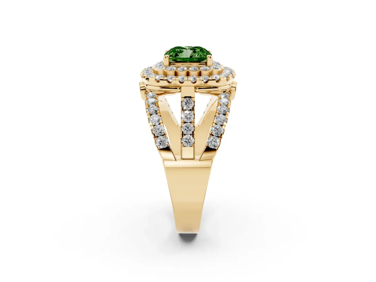 Fancy Green Cushion Cut Diamond Double Halo Ring with Round Pavé Split Shank and Prong Setting Yellow gold