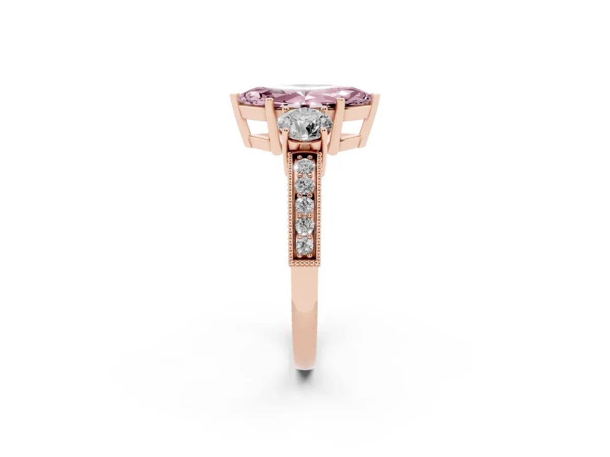 Fancy Pink Marquise Cut Three-Stone Diamond Ring with Pavé Band and Four-Prong Setting Rose gold