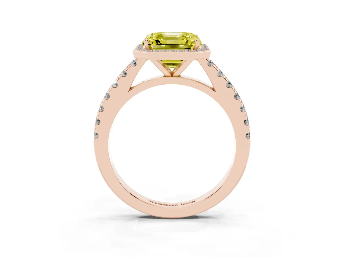 Fancy Yellow Asscher Cut Cut Halo Diamond Engagement Ring with Pave Band and Four-Prong Setting Rose gold