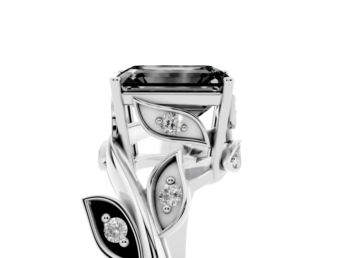 Fancy Black Emerald Cut Solitaire Twist Engagement Ring with Leaf Accents and Prong Setting Silver
