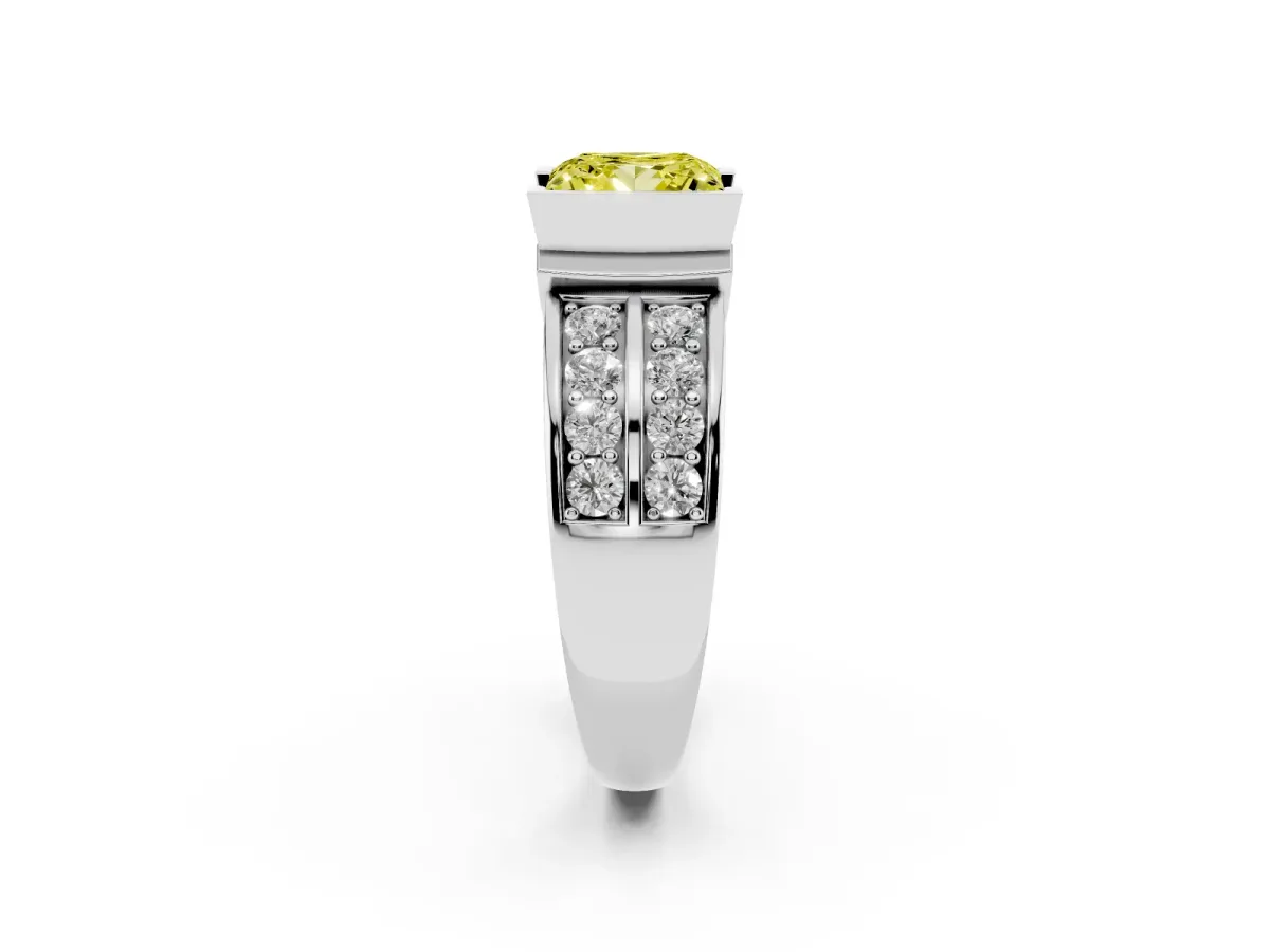 Fancy Yellow Princess Cut Brilliant Diamond Channel Set Wide Band Ring with Bezel Setting Silver