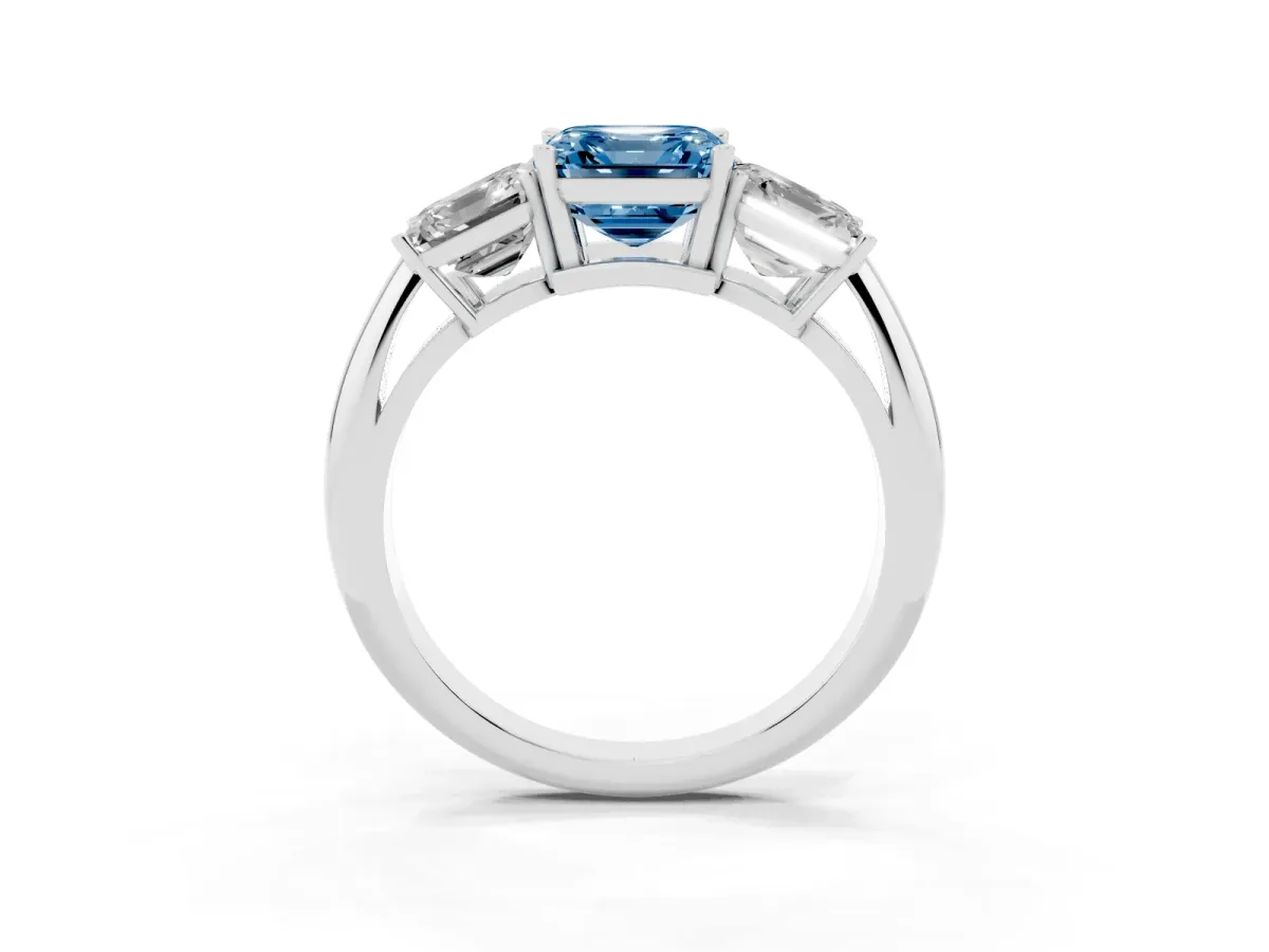 Fancy Blue Three-Stone Asscher Cut Cut Diamond Engagement Ring with Prong Setting on a White Gold Band White gold