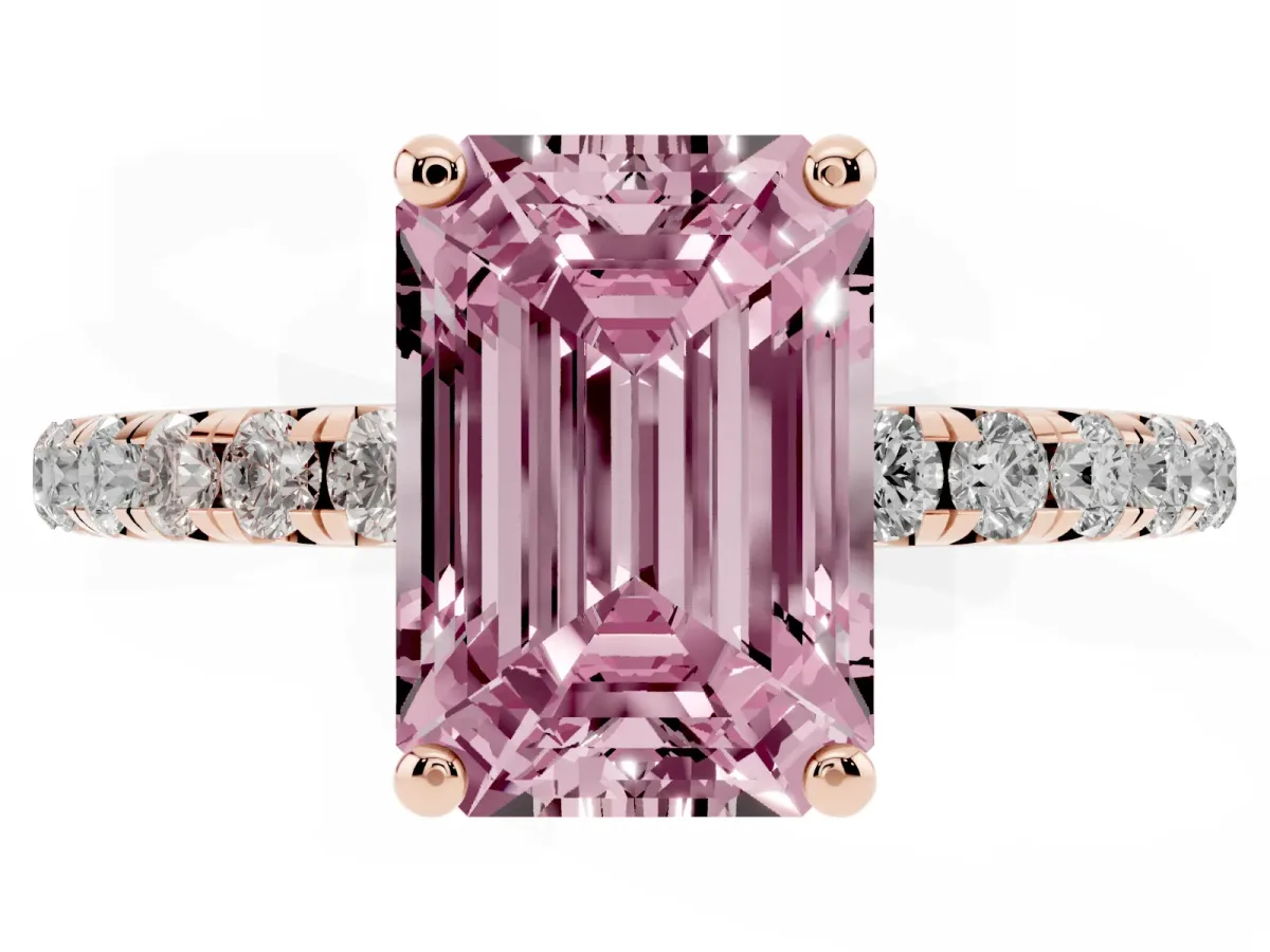 Fancy Pink Emerald Cut Cut Diamond Solitaire Ring with Micro Pave Band and Four Prong Setting Rose gold