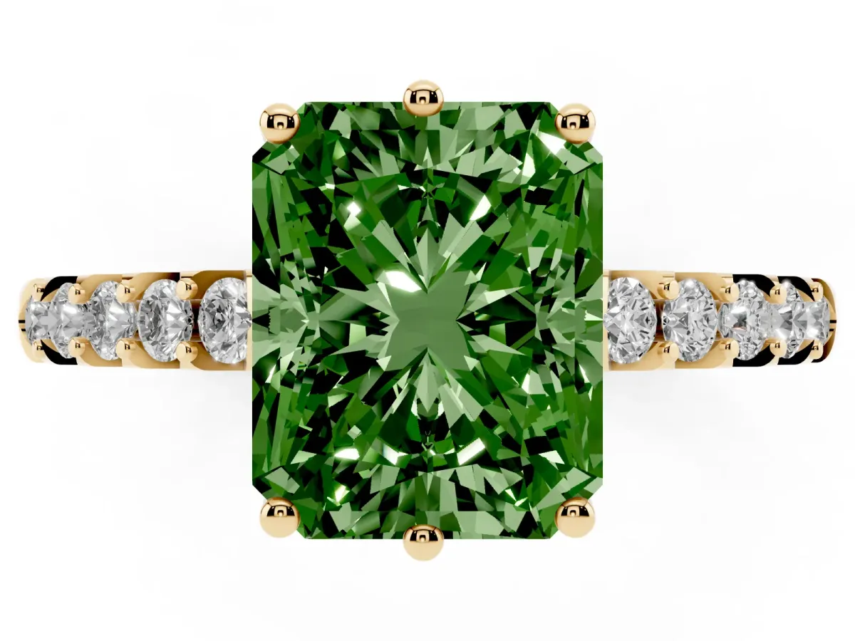 Fancy Green Radiant Cut Solitaire Diamond Engagement Ring with Pavé Band and Six-Prong Setting Yellow gold