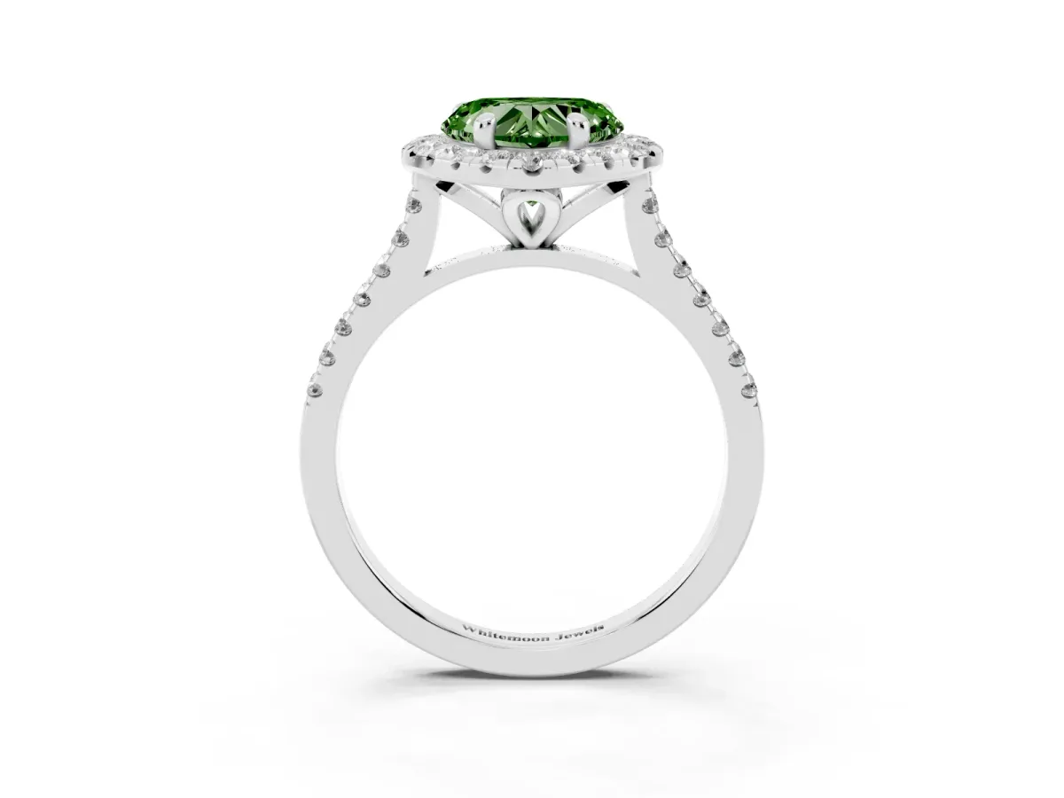 Fancy Green Heart Cut Diamond Cushion Halo Ring with Pavé Band Platinum