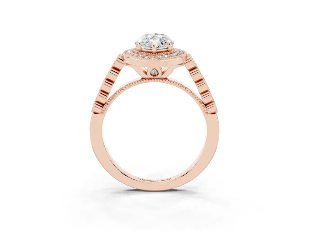 Marquise Cut Halo Milgrain Solitaire with Bezel Set Side Stones and Pave Band Rose gold
