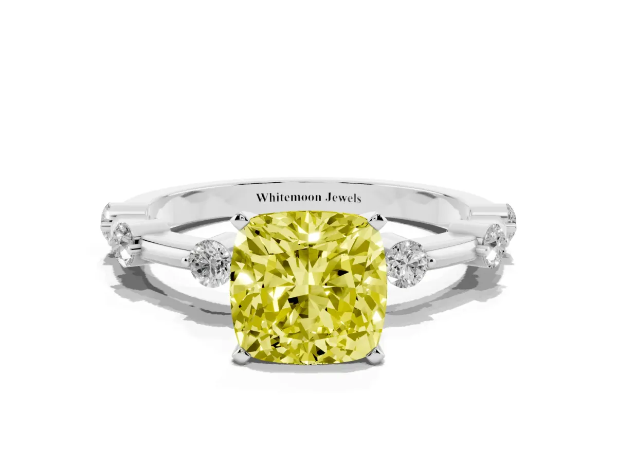Fancy Yellow Cushion Cut Solitaire Diamond Ring with Bezel Set Side Stones and Prong Setting Silver