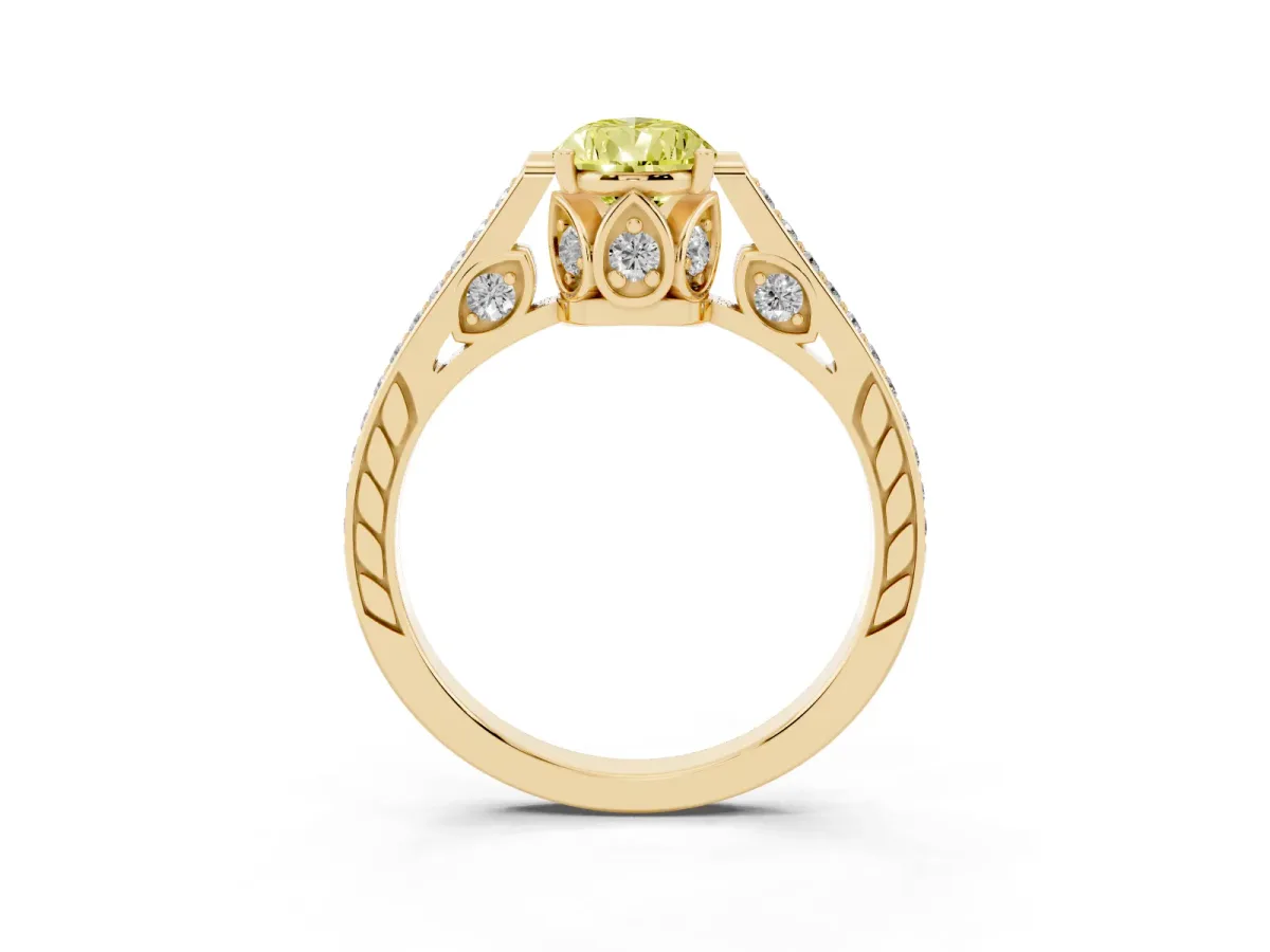 Fancy Yellow Pear Cut Cut Cathedral Pave Diamond Engagement Ring with Six-Prong Setting Yellow gold