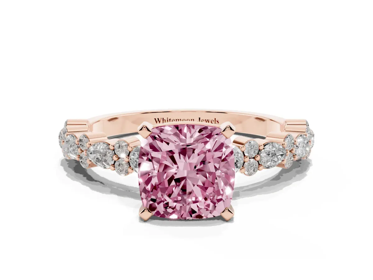 Fancy Pink Cushion Cut Diamond Side Stone Solitaire Ring with Round and Four-Prong Setting Rose gold