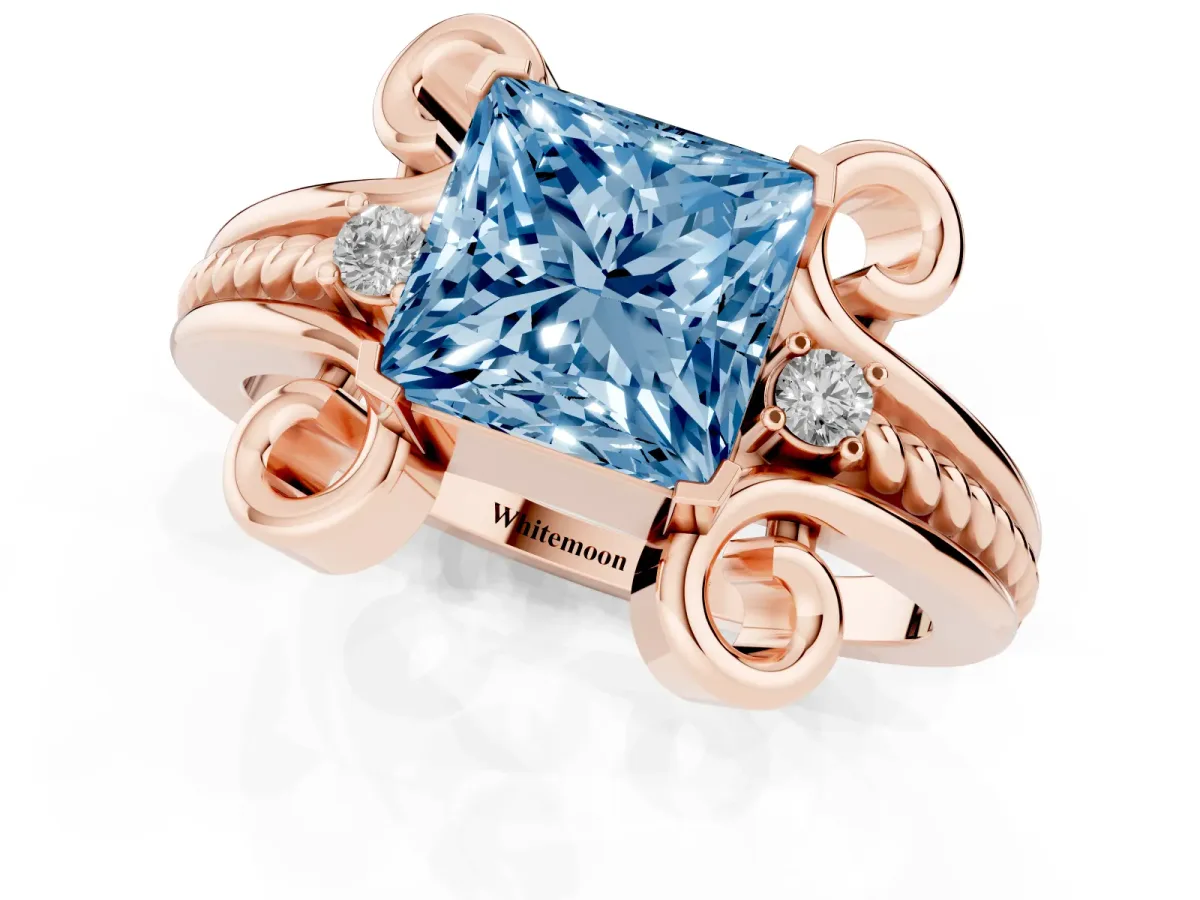 Fancy Blue Princess Cut Solitaire Twisted Band Scroll Prong Ring Rose gold