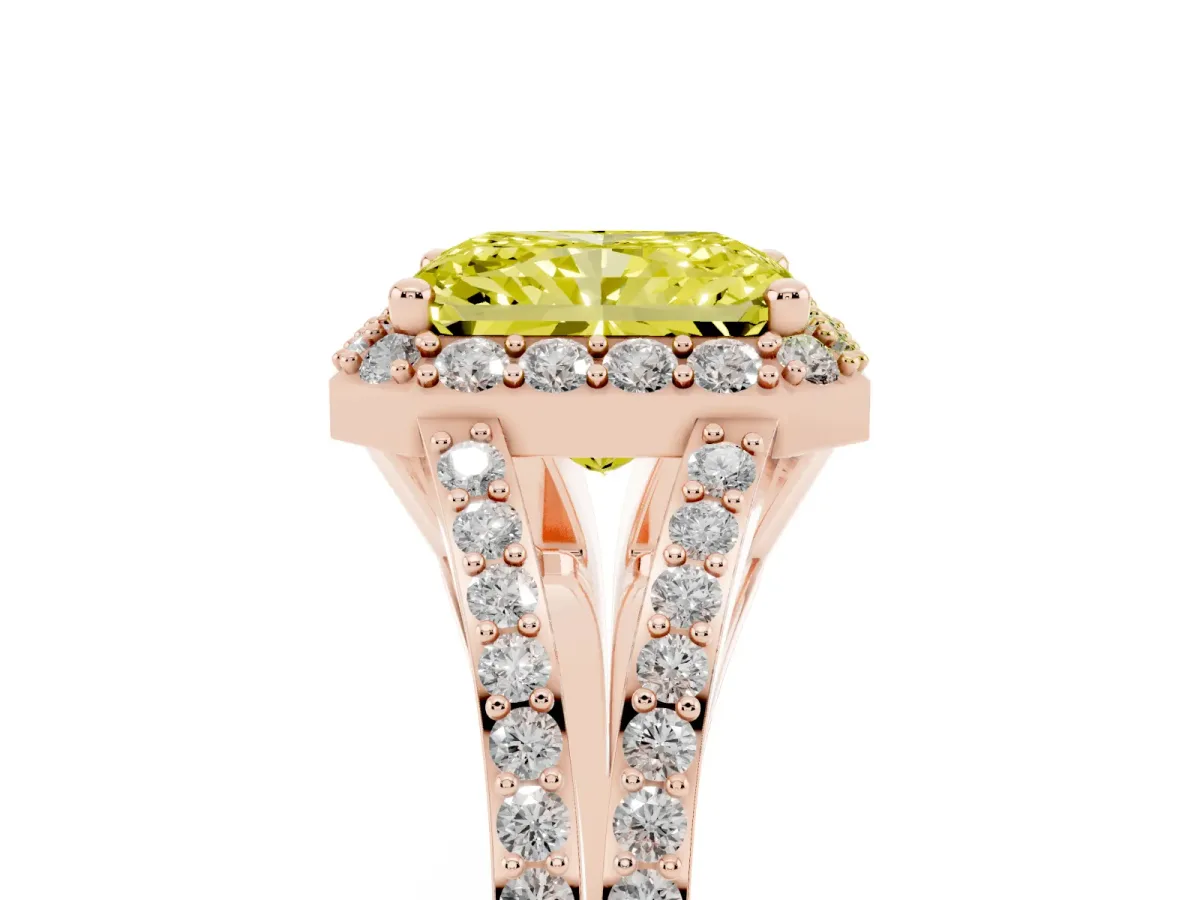 Fancy Yellow Radiant Cut Halo Split Shank Pave Diamond Ring with Four-Prong Setting Rose gold