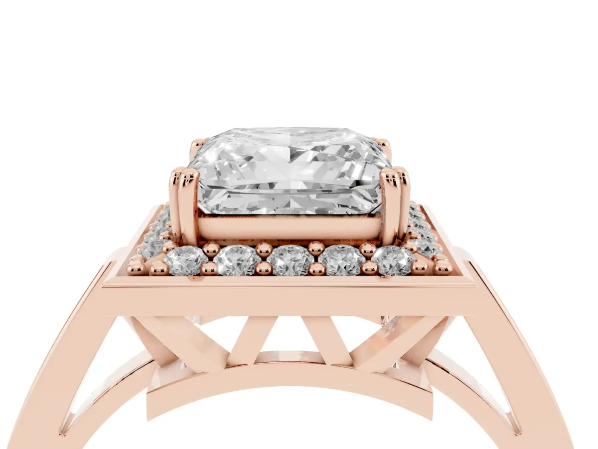 Princess Cut Diamond Halo Ring with Split Shank and Four-Prong Setting Rose gold