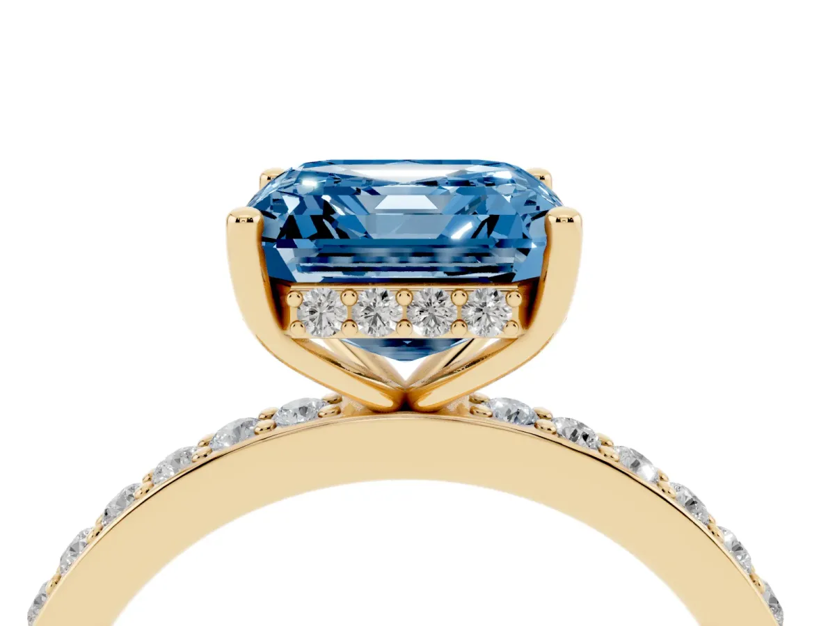 Fancy Blue Asscher Cut Cut Diamond Pavé Band Ring with Four-Prong Setting Yellow gold