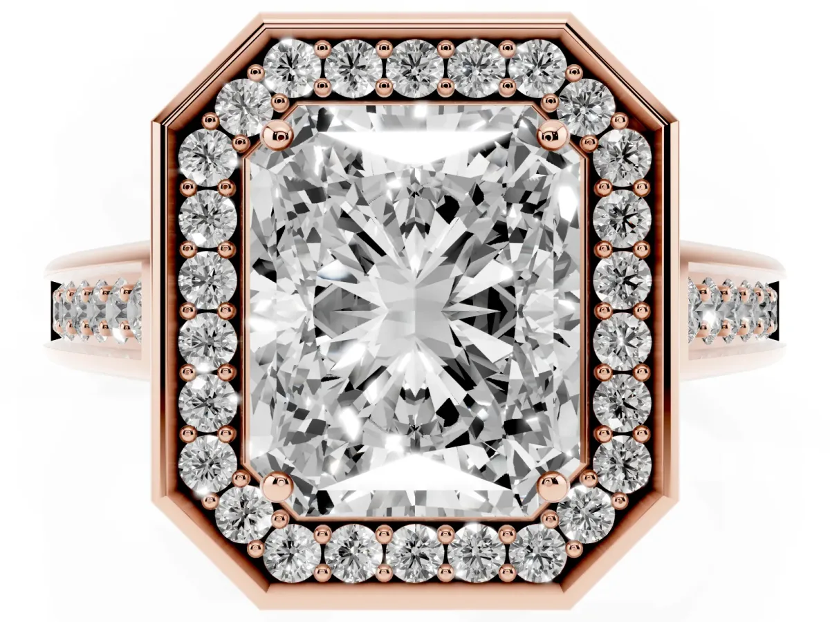Radiant Cut Halo Solitaire Diamond Ring with Pave Band and Bezel Setting Rose gold