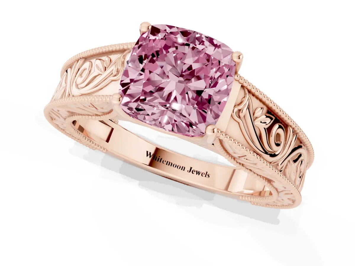 Fancy Pink Cushion Cut Diamond Solitaire Ring with Engraved Band and Four-Prong Setting Rose gold