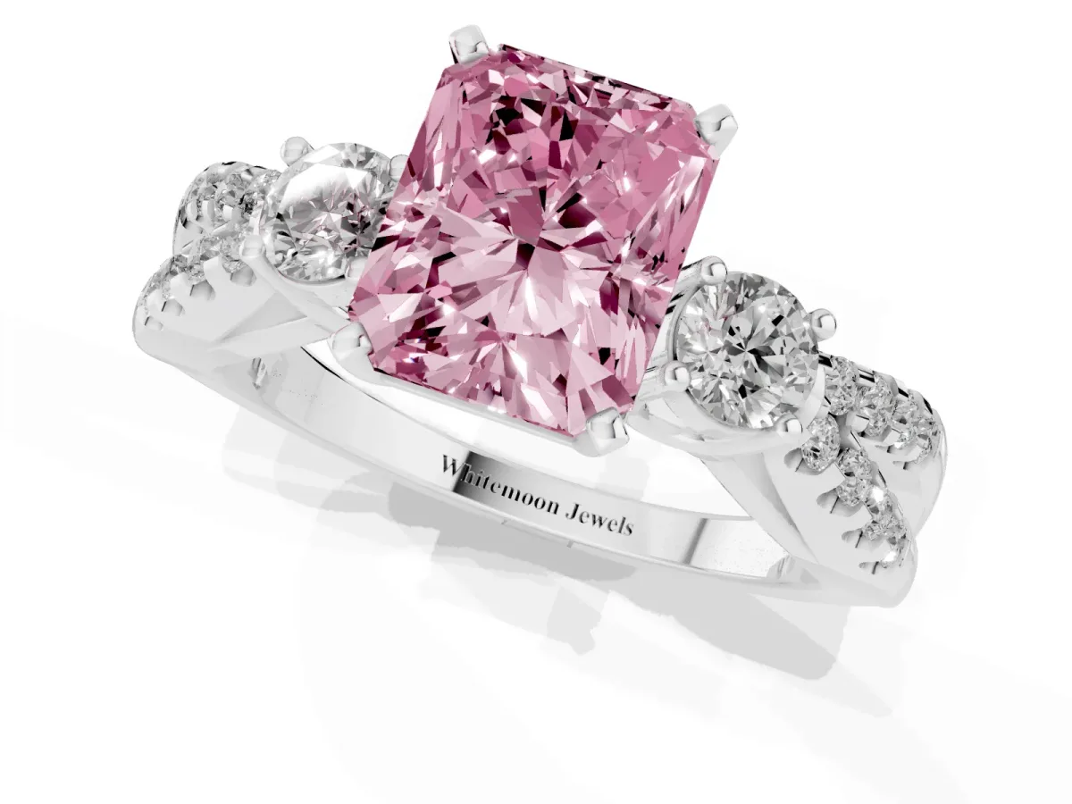 Fancy Pink Radiant Cut Diamond Three-Stone Ring with Pavé Split Shank and Four-Prong Setting Silver