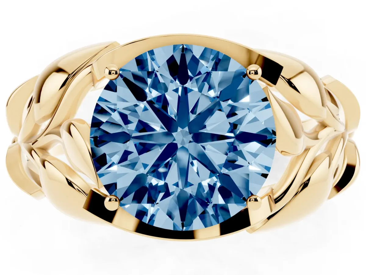 Fancy Blue Round Cut Diamond Leaf-Inspired Engagement Ring with Round Accents and Prong Setting Yellow gold
