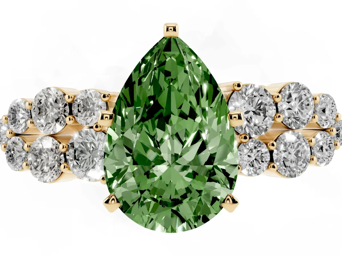 Fancy Green Pear Cut Cluster Diamond Engagement Ring with Pavé Band and Four-Prong Setting Yellow gold